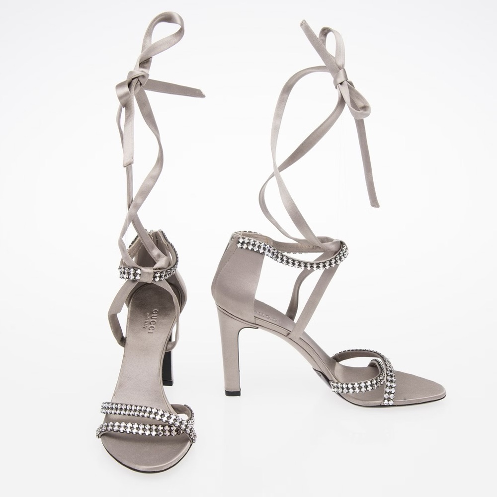 Gucci Grey Satin Crystal Elegant Gray Strappy Heels